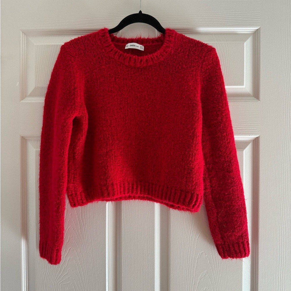 Zara Red Cropped Knit Sweater, Size Smalll